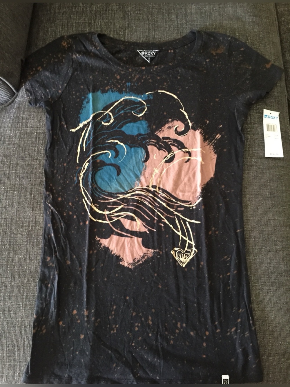 Roxy Black Tee with Blue, Pink & Gold Wave Graphic
